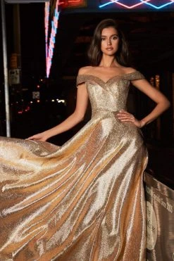 Cinderella Divine - CJ268 Glitter Off-Shoulder Ballgown With Pockets Formal Gowns