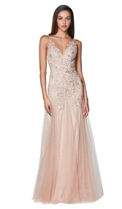 Cinderella Divine - CJ503 Lace Appliqued Trumpet Evening Dress Formal Gowns