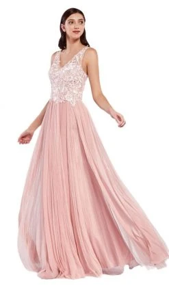 Formal Gowns Cinderella Divine - CJ528 Lace V-neck Tulle A-line Gown