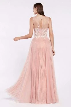 Formal Gowns Cinderella Divine - CJ528 Lace V-neck Tulle A-line Gown
