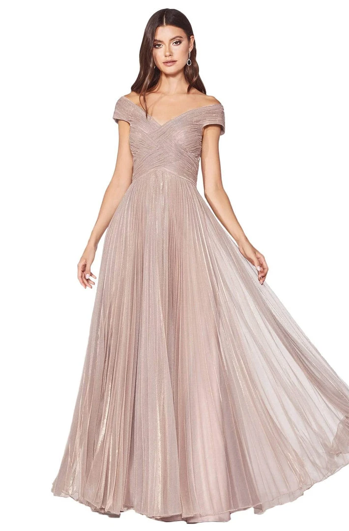 Cinderella Divine - CJ539 V-neck Pleated Metallic A-line Dress Formal Gowns 3 Cinderella Divine - CJ539 V-neck Pleated Metallic A-line Dress Formal Gowns