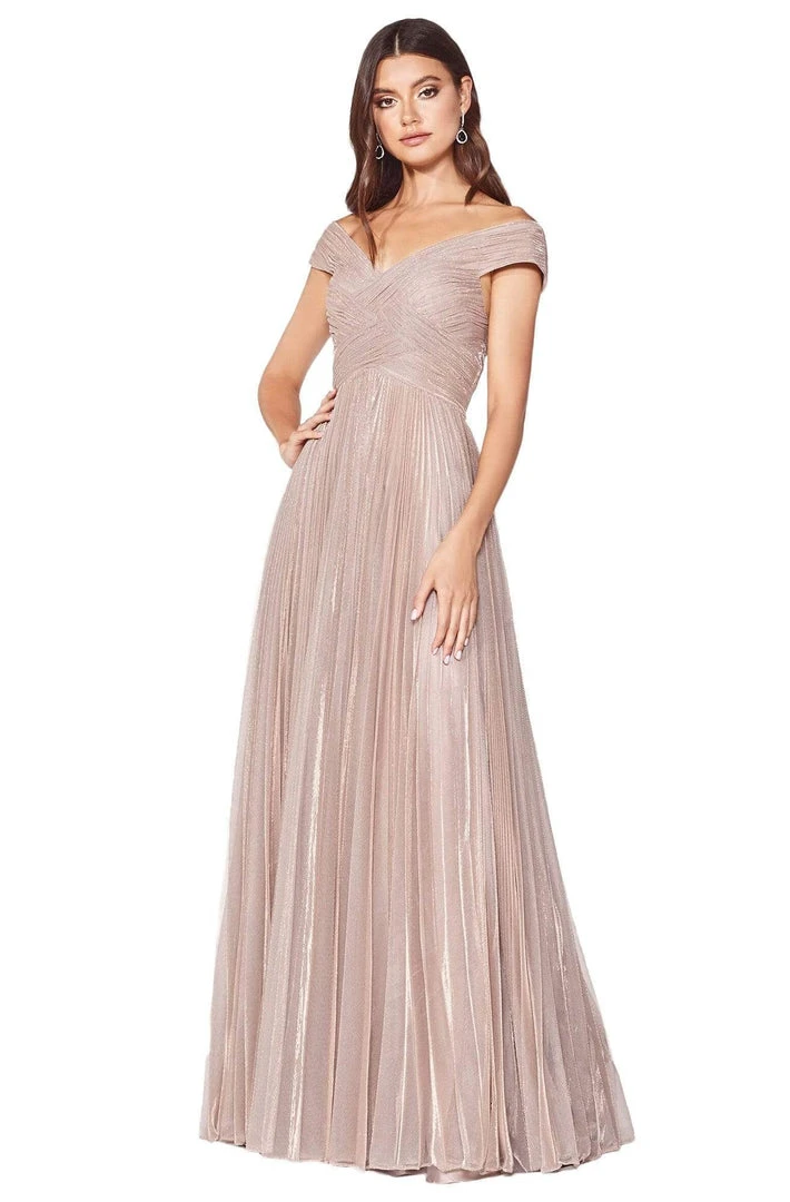 Cinderella Divine - CJ539 V-neck Pleated Metallic A-line Dress Formal Gowns 5 Cinderella Divine - CJ539 V-neck Pleated Metallic A-line Dress Formal Gowns