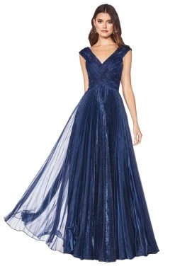 Cinderella Divine - CJ539 V-neck Pleated Metallic A-line Dress Formal Gowns 13 Cinderella Divine - CJ539 V-neck Pleated Metallic A-line Dress Formal Gowns