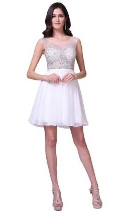Cinderella Divine - CJ90S Sheer Illusion Neckline Beaded Chiffon Cocktail Dress - 1 Pc Off White In Size 8 Available Cocktail Dresses