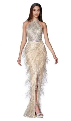 Cinderella Divine - CK820 Geo-Beaded High Halter Fringed Gown Formal Gowns