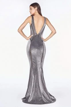 Cinderella Divine - CM9014 Deep V-neck Glitter Trumpet Dress Formal Gowns