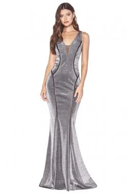 Cinderella Divine - CM9014 Deep V-neck Glitter Trumpet Dress Formal Gowns