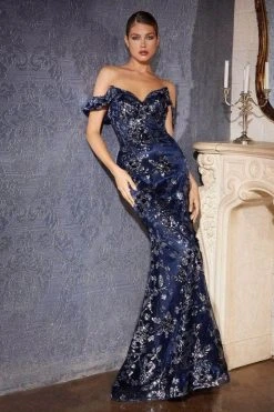 Cinderella Divine - Cold Shoulder Embellished Prom Dress CB074 - 1 Pc Smoky Blue In Size 8 Available Formal Gowns