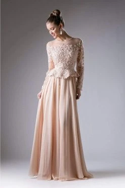 Formal Gowns Cinderella Divine - CR772 Long Sleeve Embellished Peplum A-line Evening Gown 9 Formal Gowns Cinderella Divine - CR772 Long Sleeve Embellished Peplum A-line Evening Gown