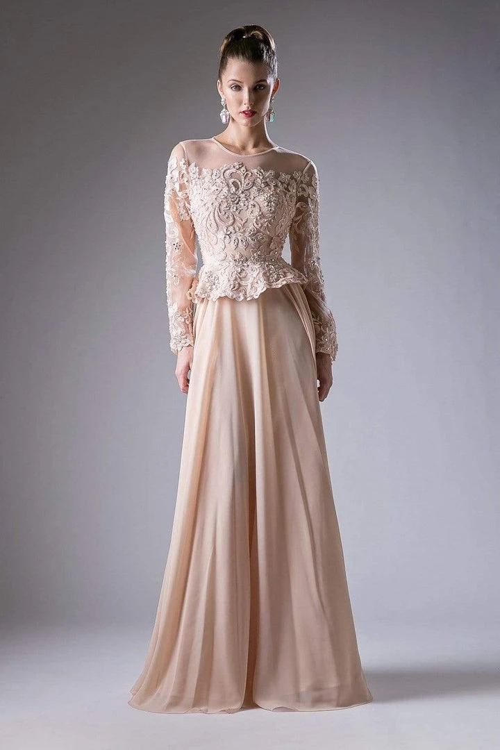 Formal Gowns Cinderella Divine - CR772 Long Sleeve Embellished Peplum A-line Evening Gown 5 Formal Gowns Cinderella Divine - CR772 Long Sleeve Embellished Peplum A-line Evening Gown