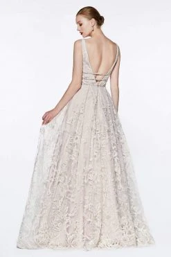 Cinderella Divine - CR823 Floral Lace Deep V-neck A-line Gown Formal Gowns