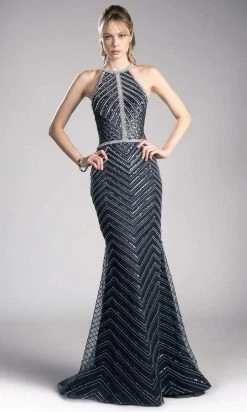 Formal Gowns Cinderella Divine - CZ0010 Beaded Chevron Motif Long Mermaid Gown