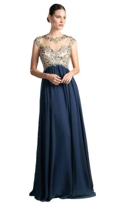 Cinderella Divine - Embellished Illusion Jewel Neck A-line Dress