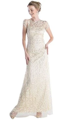 Cinderella Divine - Embellished Illusion Jewel Neck Sheath Dress 1920 - 1 Pc Champagne In Size M Available Formal Gowns