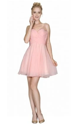 Cinderella Divine - Embellished Illusion V-neck Pleated Cocktail Dress