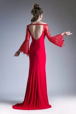 Cinderella Divine - Embellished Lace Bell Sleeve Sheath Dress Formal Gowns