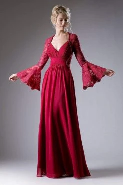 Cinderella Divine - Embellished Lace Long Bell Sleeve A-line Dress Formal Gowns