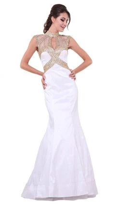 Cinderella Divine - Embellished Sheer High Neck Fitted Evening Gown