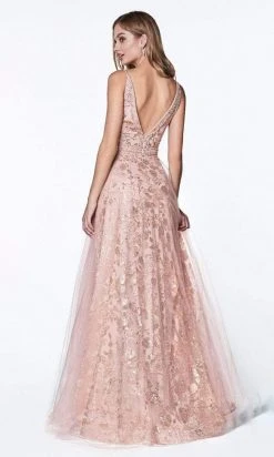 Cinderella Divine - Embroidered Plunging Neck Glitter Gown KC888 Formal Gowns
