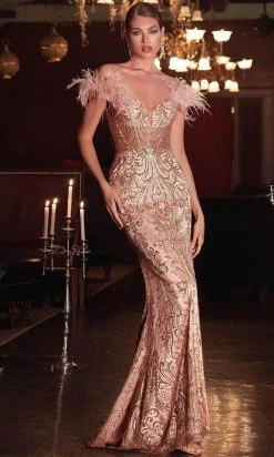 Formal Gowns Cinderella Divine - Feathered Trumpet Evening Gown J824