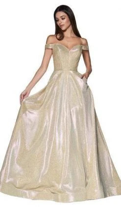 Formal Gowns Cinderella Divine - Glitter Off-Shoulder Ballgown CJ270 - 1 Pc Champagne-Gold In Size 6 Available
