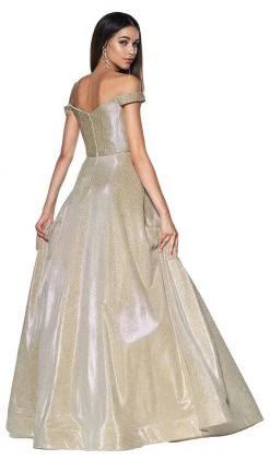Formal Gowns Cinderella Divine - Glitter Off-Shoulder Ballgown CJ270 - 1 Pc Champagne-Gold In Size 6 Available