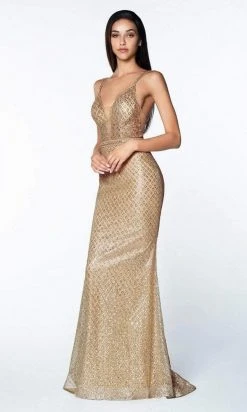 Formal Gowns Cinderella Divine - Glitter Print Plunging V-Neck Gown U102 - 1 Pc Rose Gold In Size 6 And 1 Pc Silver/Nude In Size 10 Available