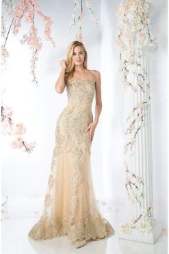 Cinderella Divine - Gold Applique Scalloped Neck Sheath Dress