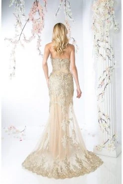 Cinderella Divine - Gold Applique Scalloped Neck Sheath Dress