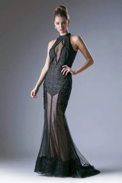 Cinderella Divine - 496 High Halter Neck Sheer Embellished Evening Gown