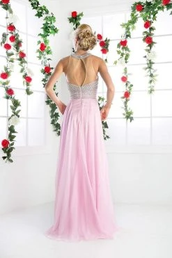 Cinderella Divine - High Halter Pearl Adorned Bodice Chiffon Gown