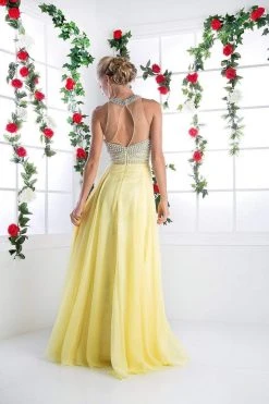 Cinderella Divine - High Halter Pearl Adorned Bodice Chiffon Gown