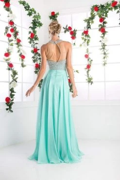 Cinderella Divine - High Halter Pearl Adorned Bodice Chiffon Gown