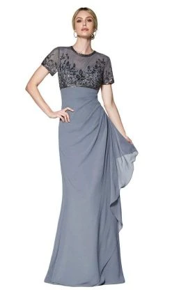 Cinderella Divine - J0295 Vine Embroidered Sheer Short Sleeve Drape Ruffle Dress - 1 Pc Gray In Size 8 Available Formal Gowns