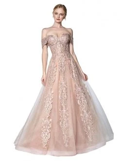 Formal Gowns Cinderella Divine - KC19070 Off Shoulder Embelished Lace Lace Up Back Tulle Gown - 1 Pc Dusty Rose In Size 6 Available
