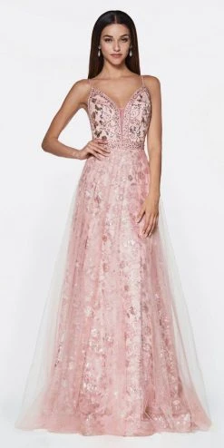 Cinderella Divine - KC888 Sleeveless Sheer Plunging Neck Glitter Gown