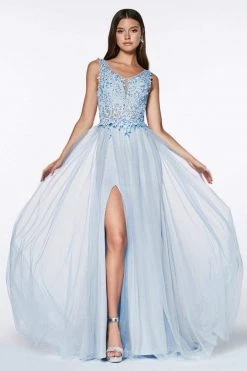 Formal Gowns Cinderella Divine - KV1040 Embroidered Lace High Slit A-Line Gown