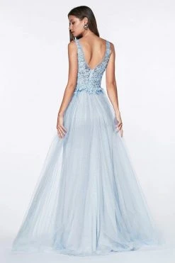 Formal Gowns Cinderella Divine - KV1040 Embroidered Lace High Slit A-Line Gown
