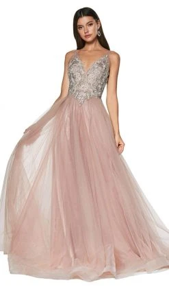 Cinderella Divine - KV1041 Plunging Bejeweled Bodice Tulle Gown Formal Gowns