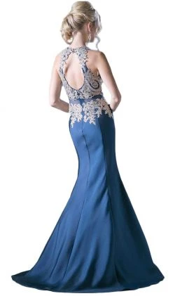 Cinderella Divine - Metallic Lace Adorned High Neck Mermaid Evening Gown Formal Gowns