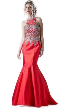 Cinderella Divine - Metallic Lace Adorned High Neck Mermaid Evening Gown Formal Gowns