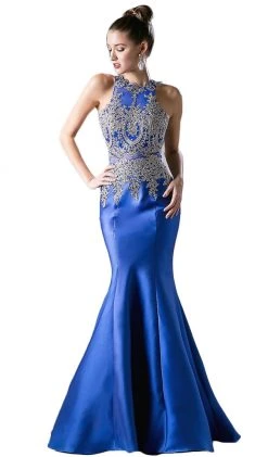 Cinderella Divine - Metallic Lace Adorned High Neck Mermaid Evening Gown Formal Gowns
