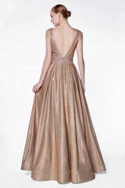 Cinderella Divine - Metallic Plunging V-Neck Evening Gown CJ505 - 1 Pc Copper In Size 10 Available Formal Gowns