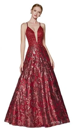 Formal Gowns Cinderella Divine - ML923 Sequined Deep V-neck A-line Dress