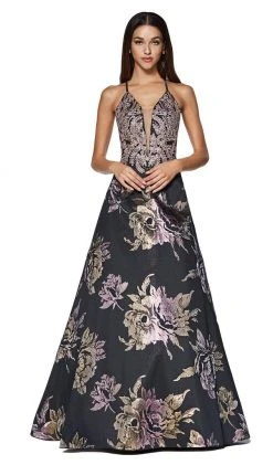 Cinderella Divine - ML924 Floral Plunging V-Neck Evening Gown Formal Gowns