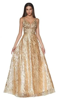 Cinderella Divine - ML929 Floral Glitter Plunging V-Neck Gown Formal Gowns 9 Cinderella Divine - ML929 Floral Glitter Plunging V-Neck Gown Formal Gowns