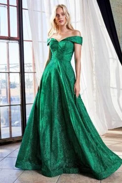 Formal Gowns Cinderella Divine - Off-Shoulder Sparkly Glitter Evening Gown CB050SC - 1 Pc Emerald In Size 6 Available