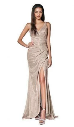 Formal Gowns Cinderella Divine - Plunging V-neck Glitter Trumpet Dress CF332