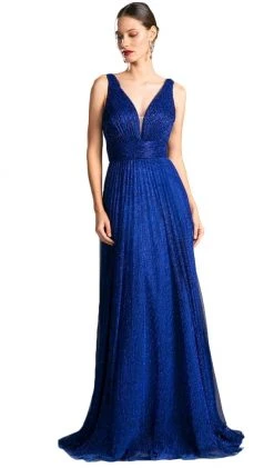 Cinderella Divine - Plunging V-Neck Shirr-Ornate A-Line Evening Gown Formal Gowns