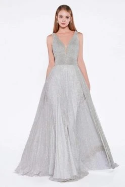 Cinderella Divine - Plunging V-Neck Shirr-Ornate A-Line Evening Gown Formal Gowns